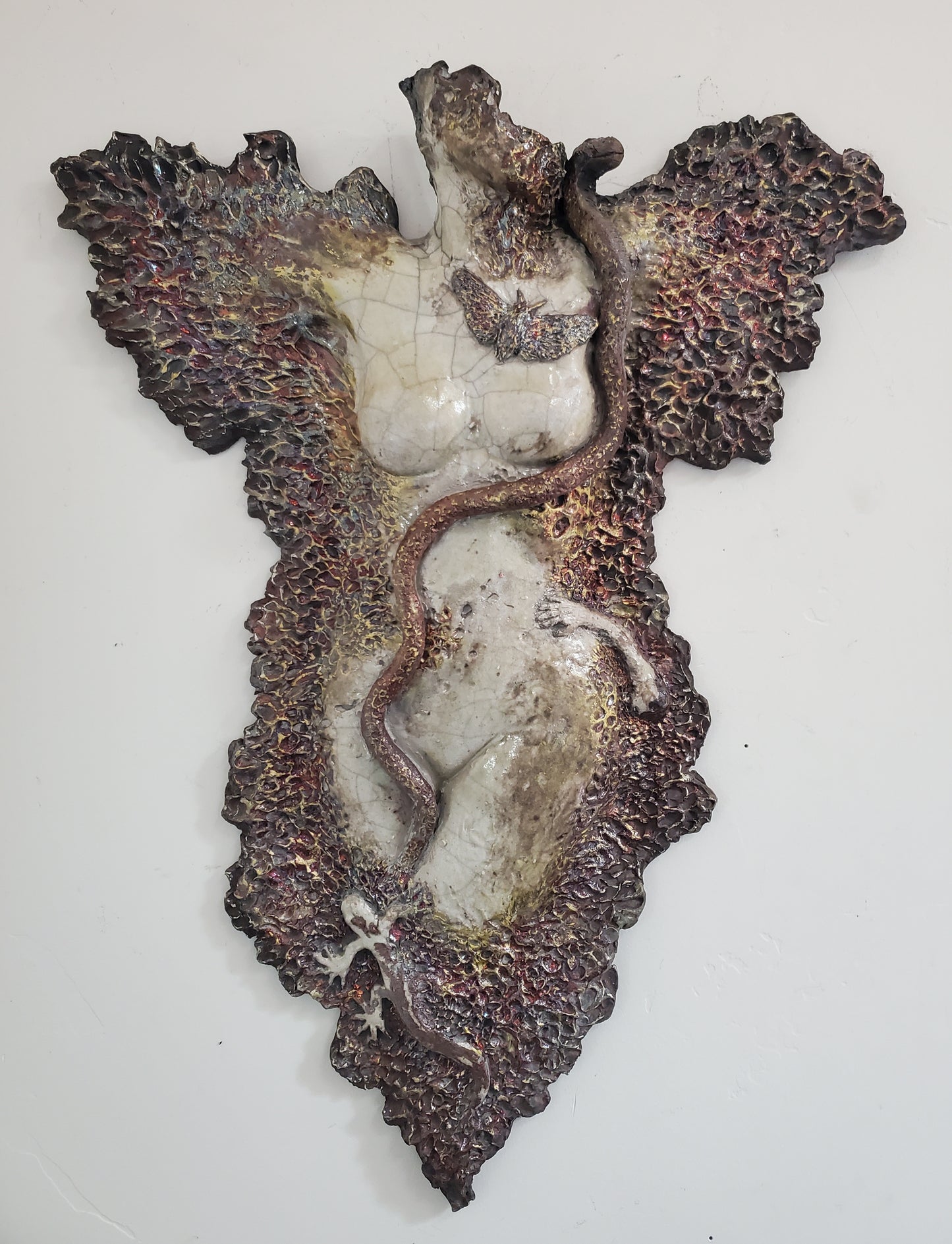 Animergence, large ceramic sculpture wall hanging female figure (with snake, lizard, moth and smaller latching figure)