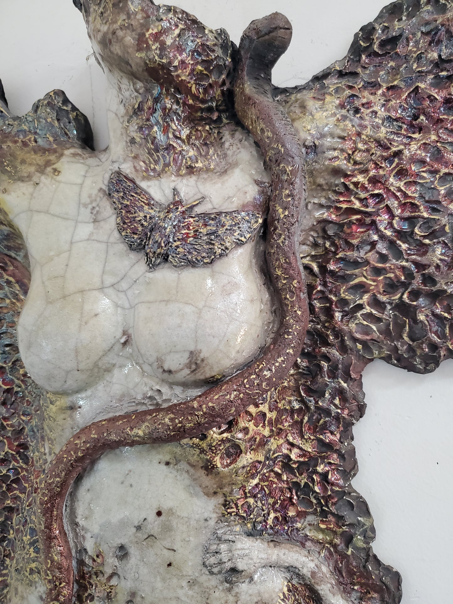 Animergence, large ceramic sculpture wall hanging female figure (with snake, lizard, moth and smaller latching figure)