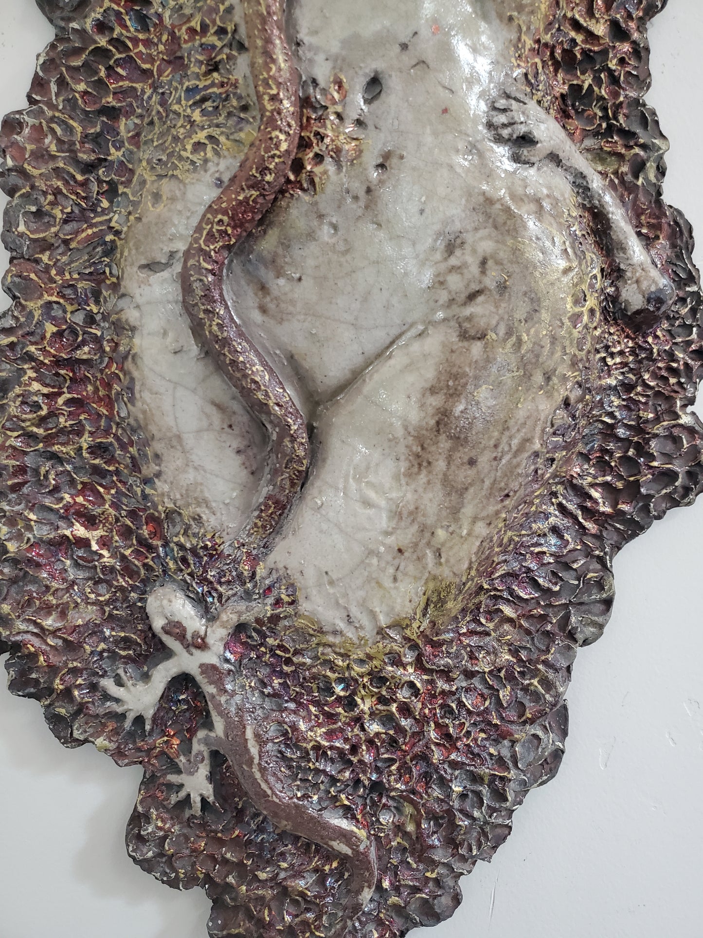 Animergence, large ceramic sculpture wall hanging female figure (with snake, lizard, moth and smaller latching figure)