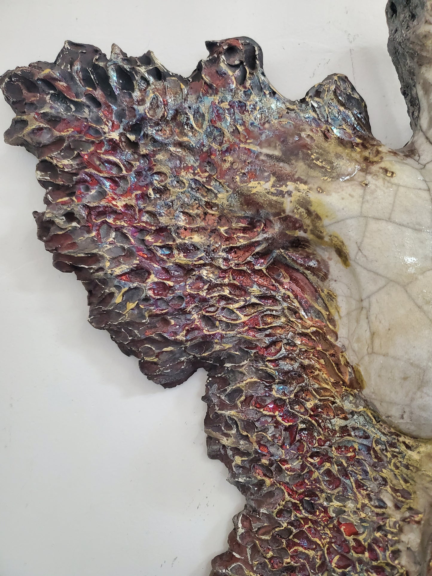 Animergence, large ceramic sculpture wall hanging female figure (with snake, lizard, moth and smaller latching figure)