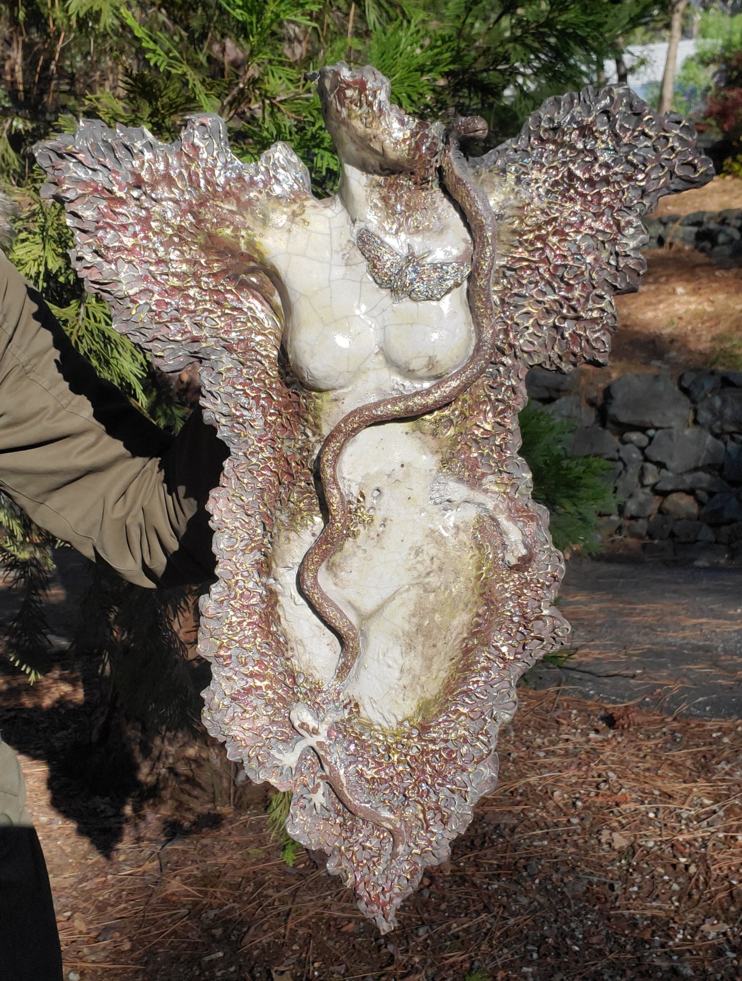 Animergence, large ceramic sculpture wall hanging female figure (with snake, lizard, moth and smaller latching figure)
