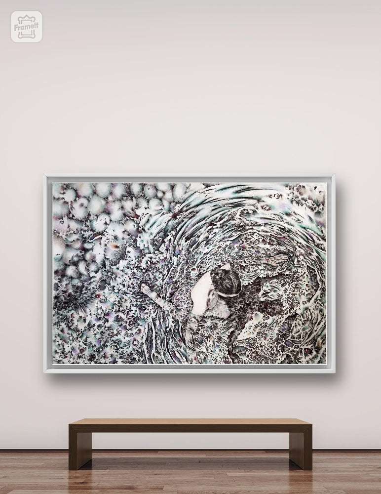 Swimmer, large original charcoal and pastel drawing