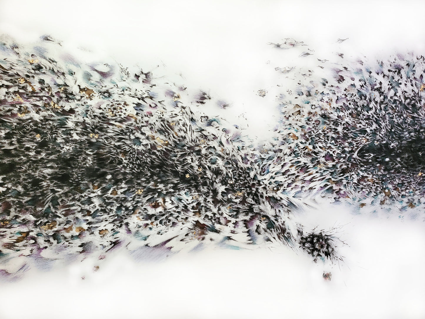 Diptych 'Genesis', original abstract art, charcoal, pastel and goldleaf drawings