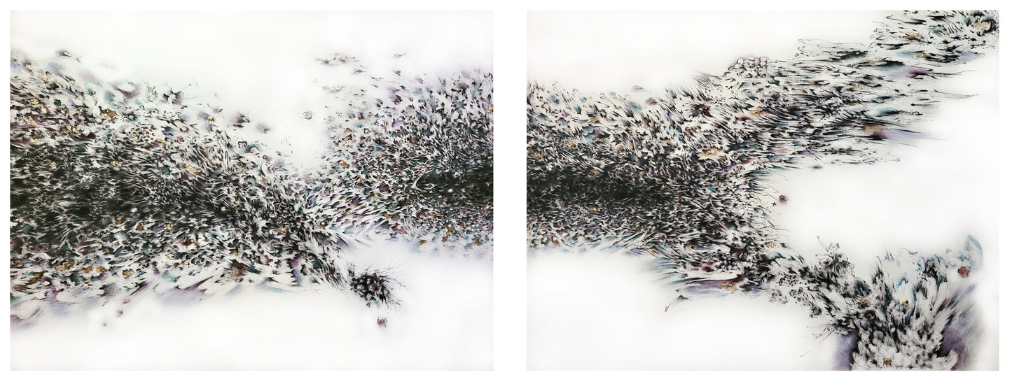 Diptych 'Genesis', original abstract art, charcoal, pastel and goldleaf drawings