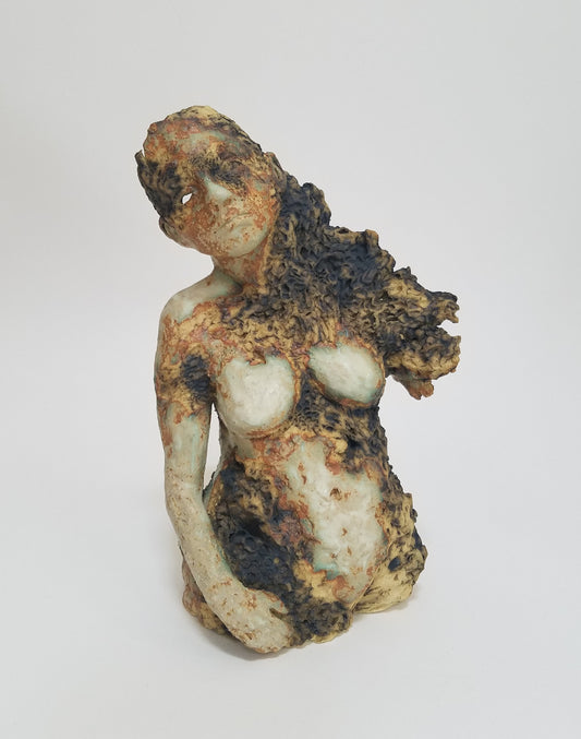 Ceramic figure sculpture, torso with texture and face