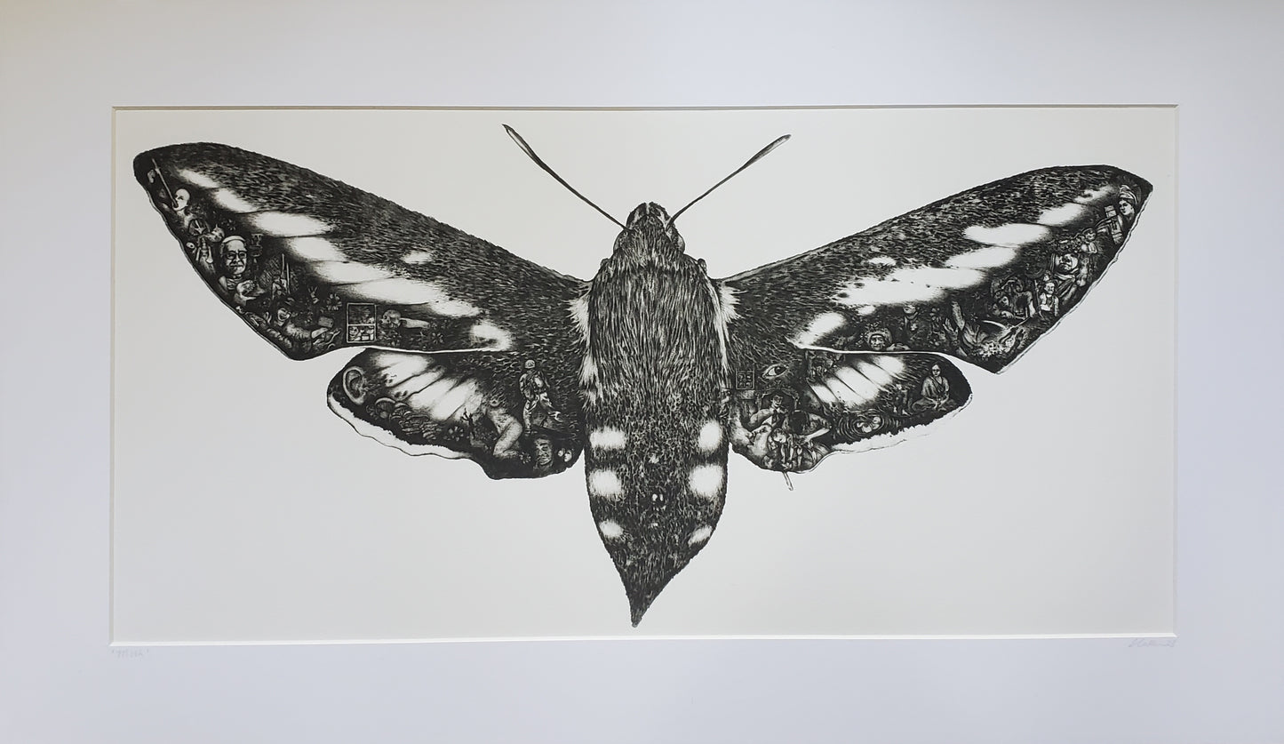 Matted giclee print 'Moth', black and white, figurative, symbolic art print