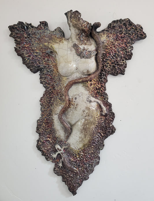 Animergence, large ceramic sculpture wall hanging female figure (with snake, lizard, moth and smaller latching figure)