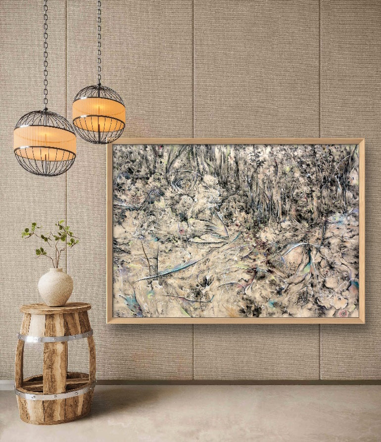 Leshi, large original abstract art, charcoal and pastel drawing on tan colored paper, now discounted from original price